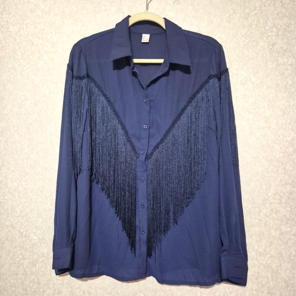 NEW...Chic Navy Fringe Button-Up Shirt..SIZE:L - Picture 4 of 13